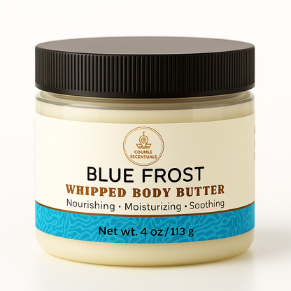 Blue Frost whipped body butter in clear jar with black ribbed lid, 4 oz