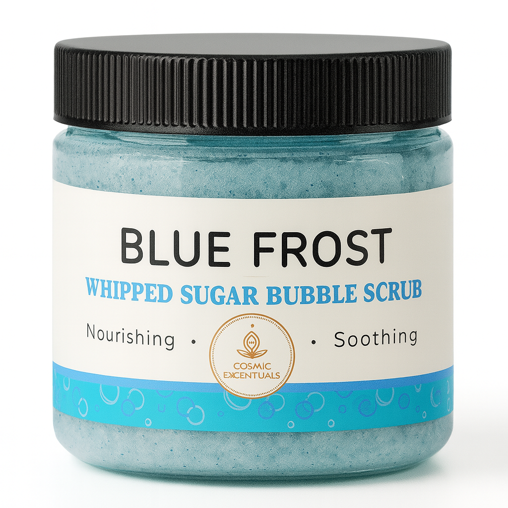 Jar of Blue Frost Whipped Sugar Bubble Scrub with a black lid on a white background