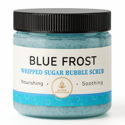 Blue Frost whipped sugar bubble scrub in blue jar with black lid