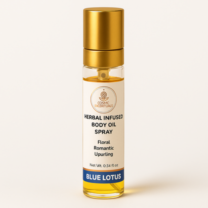 Blue Lotus herbal body oil spray bottle with gold cap, floral uplifting label