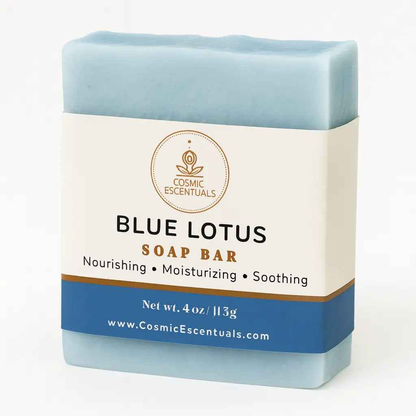 Blue Lotus soap bar, blue rectangular bar with front label and gold flower logo
