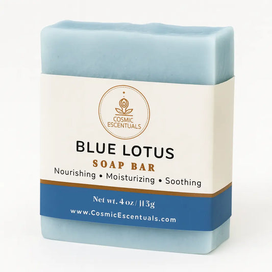 Blue Lotus soap bar with Cosmic Escentuals branding on a white background