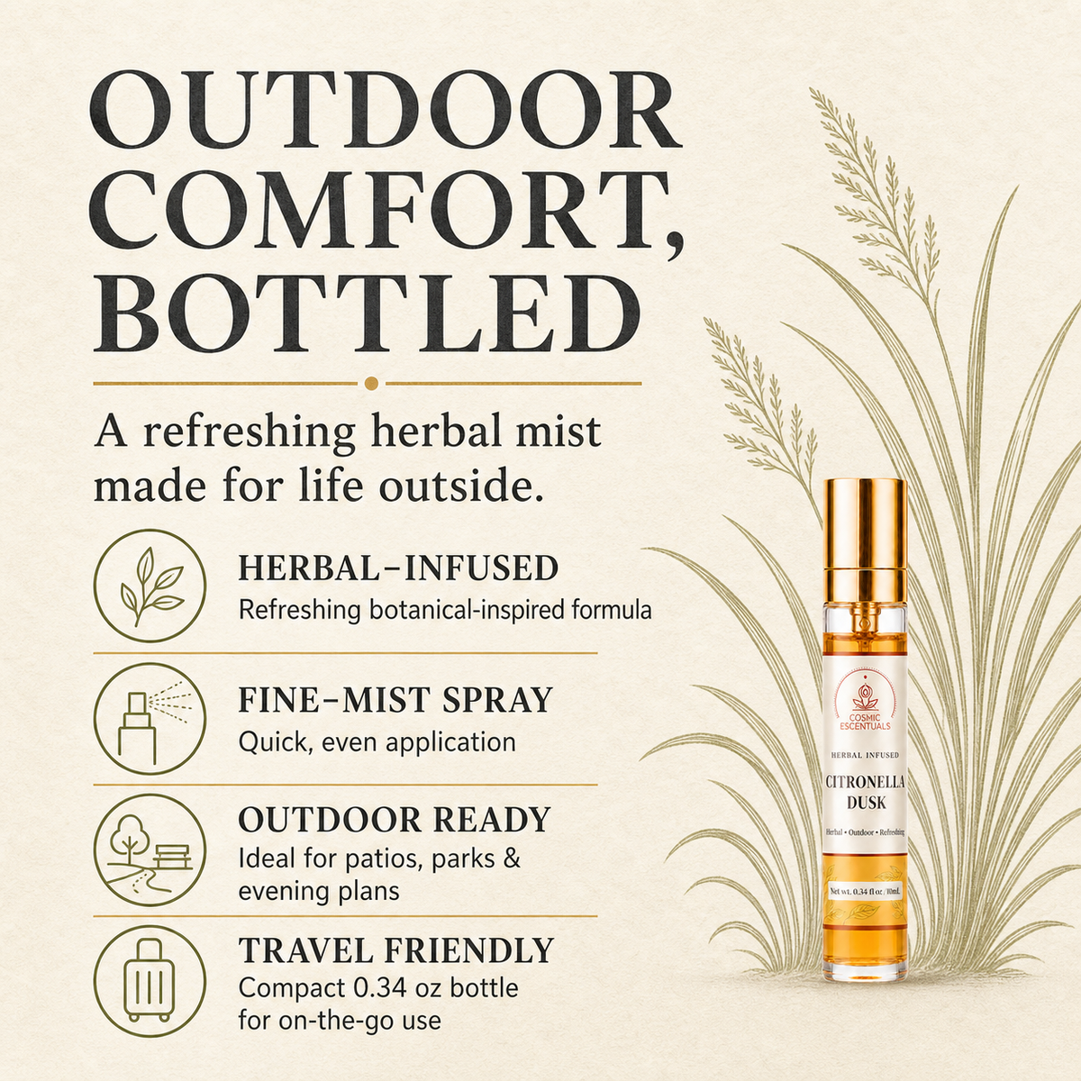 A promotional graphic for a Citronella Dusk herbal-infused mist bottle. The design features a beige background with elegant typography, botanical illustrations of reeds, and a vertical list of product benefits including 'Herbal-Infused', 'Fine-Mist Spray', 'Outdoor Ready', and 'Travel Friendly'.