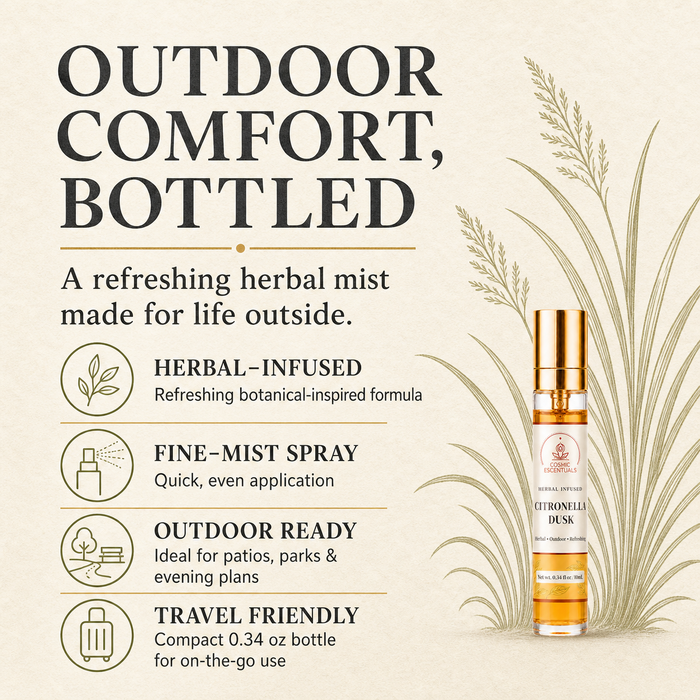 A promotional graphic for a Citronella Dusk herbal-infused mist bottle. The design features a beige background with elegant typography, botanical illustrations of reeds, and a vertical list of product benefits including 'Herbal-Infused', 'Fine-Mist Spray', 'Outdoor Ready', and 'Travel Friendly'.
