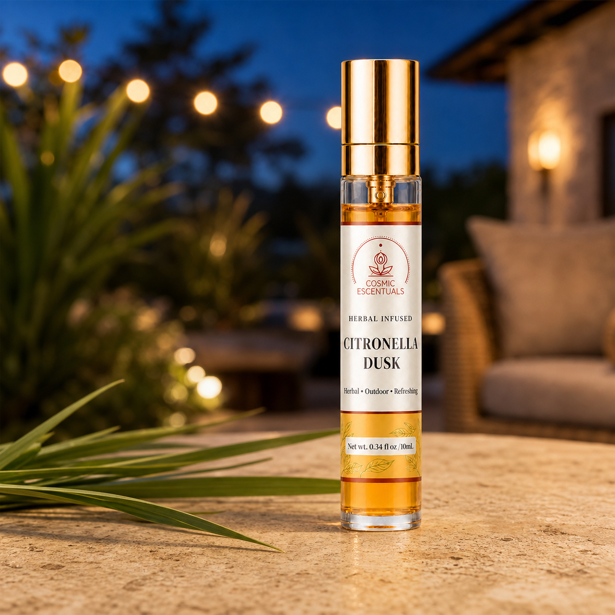 A 0.34 fl oz glass spray bottle of Cosmic Escentuals Citronella Dusk fragrance oil with a gold cap, standing on a stone surface with a warm, blurred outdoor patio background at dusk.