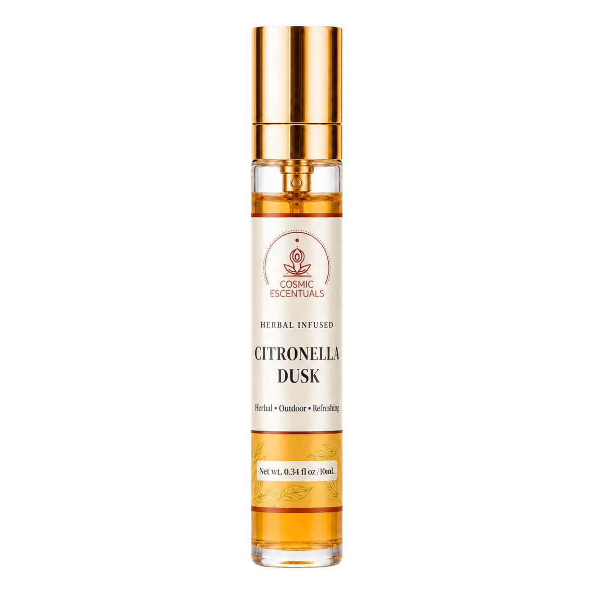 A 0.34 fl oz glass spray bottle of Citronella Dusk herbal infused oil by Cosmic Escentuals, featuring a gold cap and a cream-colored label with amber liquid inside, set against a plain white background.