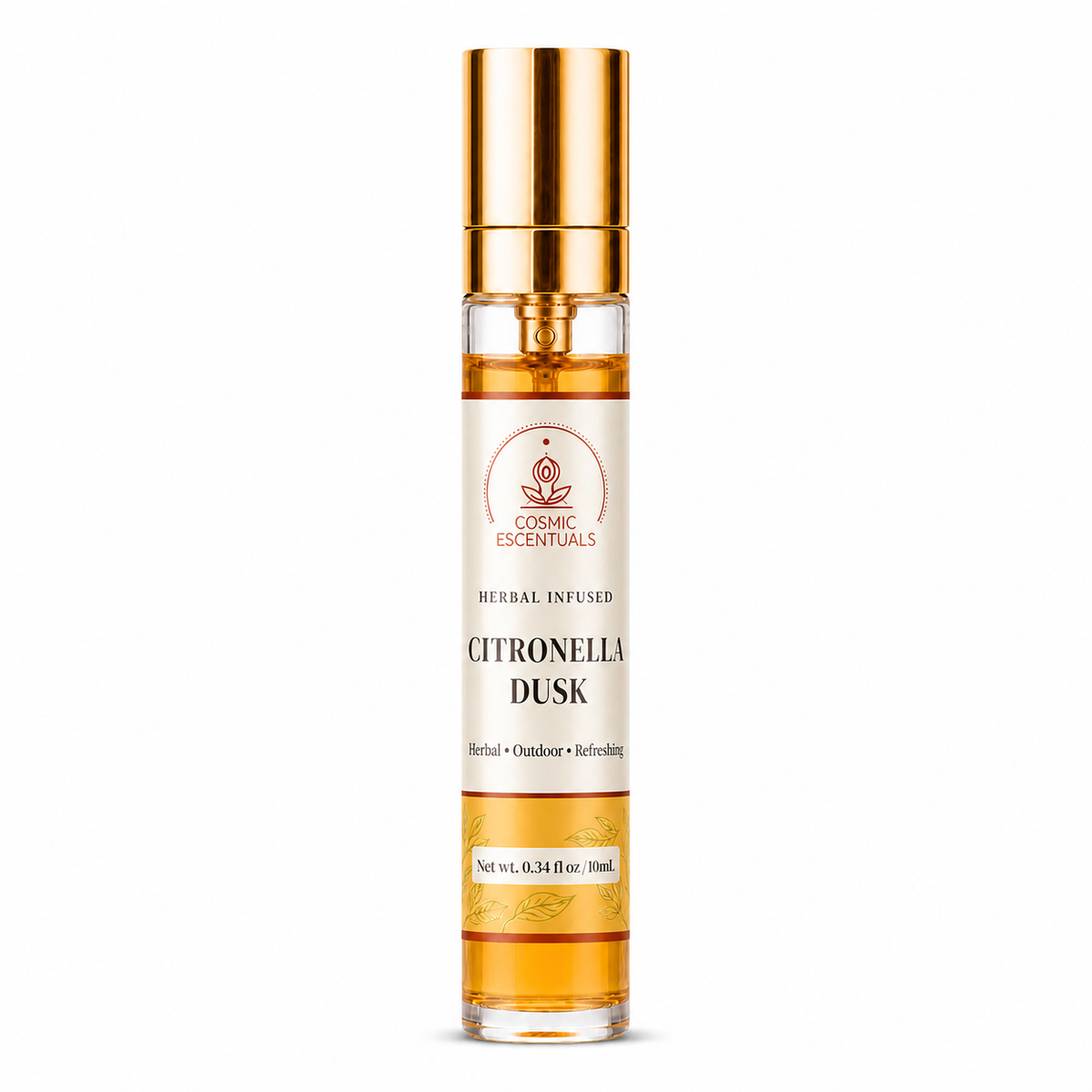 A 0.34 fl oz glass spray bottle of Citronella Dusk herbal infused oil by Cosmic Escentuals, featuring a shiny gold cap and a cream-colored label with black text, set against a plain white background.