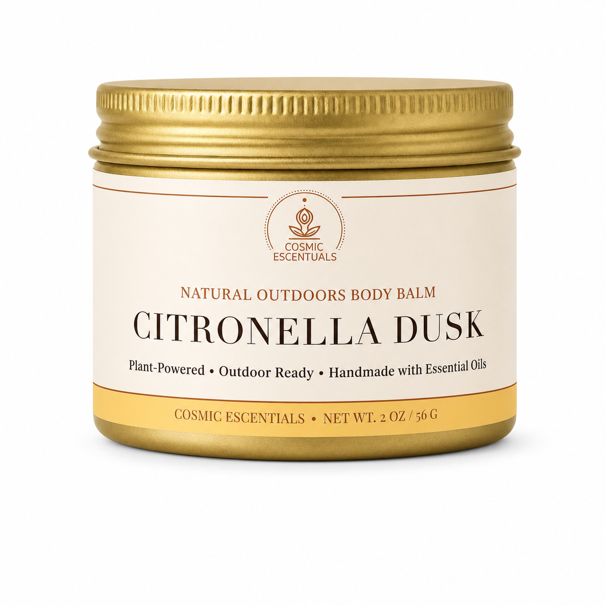 A gold metal jar of Cosmic Escentuals Citronella Dusk body balm with a cream-colored label and gold lid, set against a plain white background.
