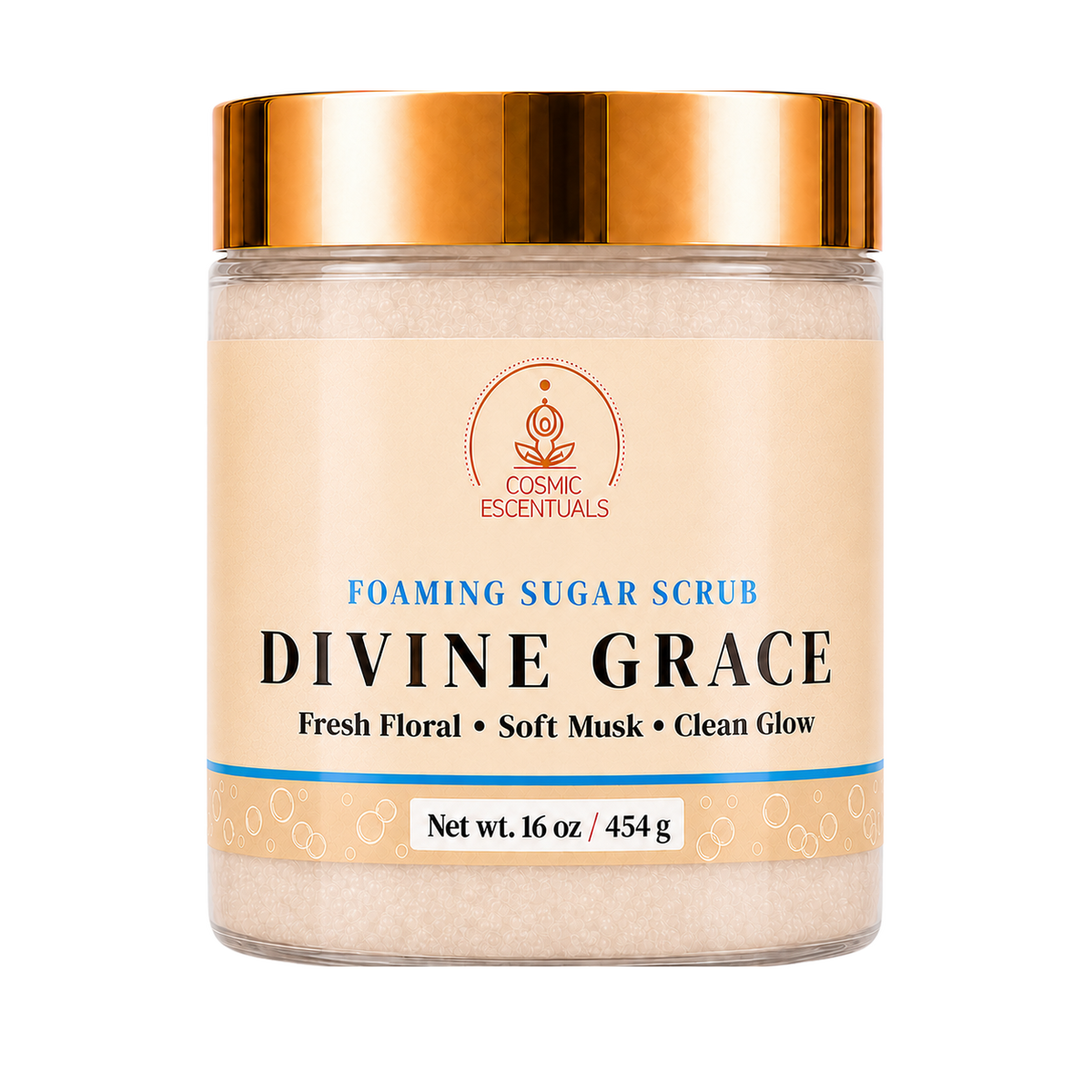 Divine Grace Foaming Sugar Scrub 16oz jar shown on its own against a plain background.