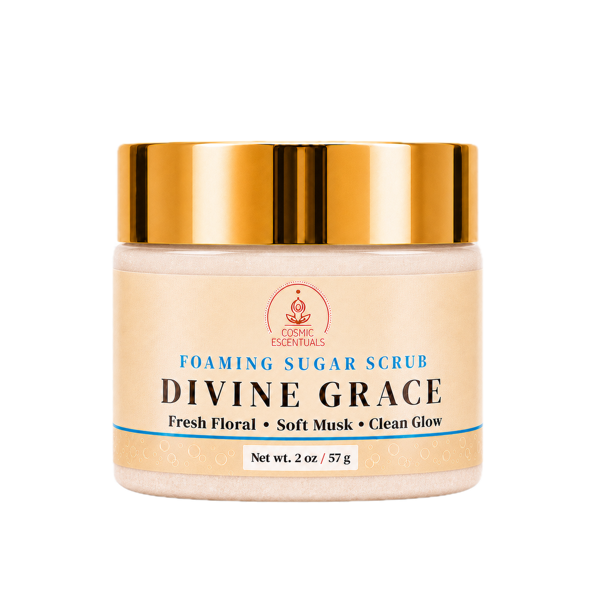 Divine Grace Foaming Sugar Scrub 2oz jar shown on its own against a plain background.