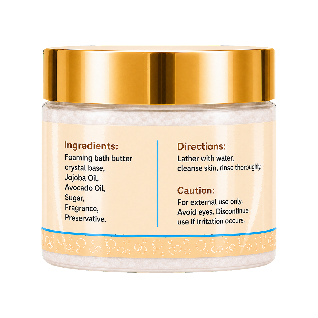 Foaming bath butter in a clear jar with a shiny gold lid and a cream-colored label containing product instructions and ingredients.