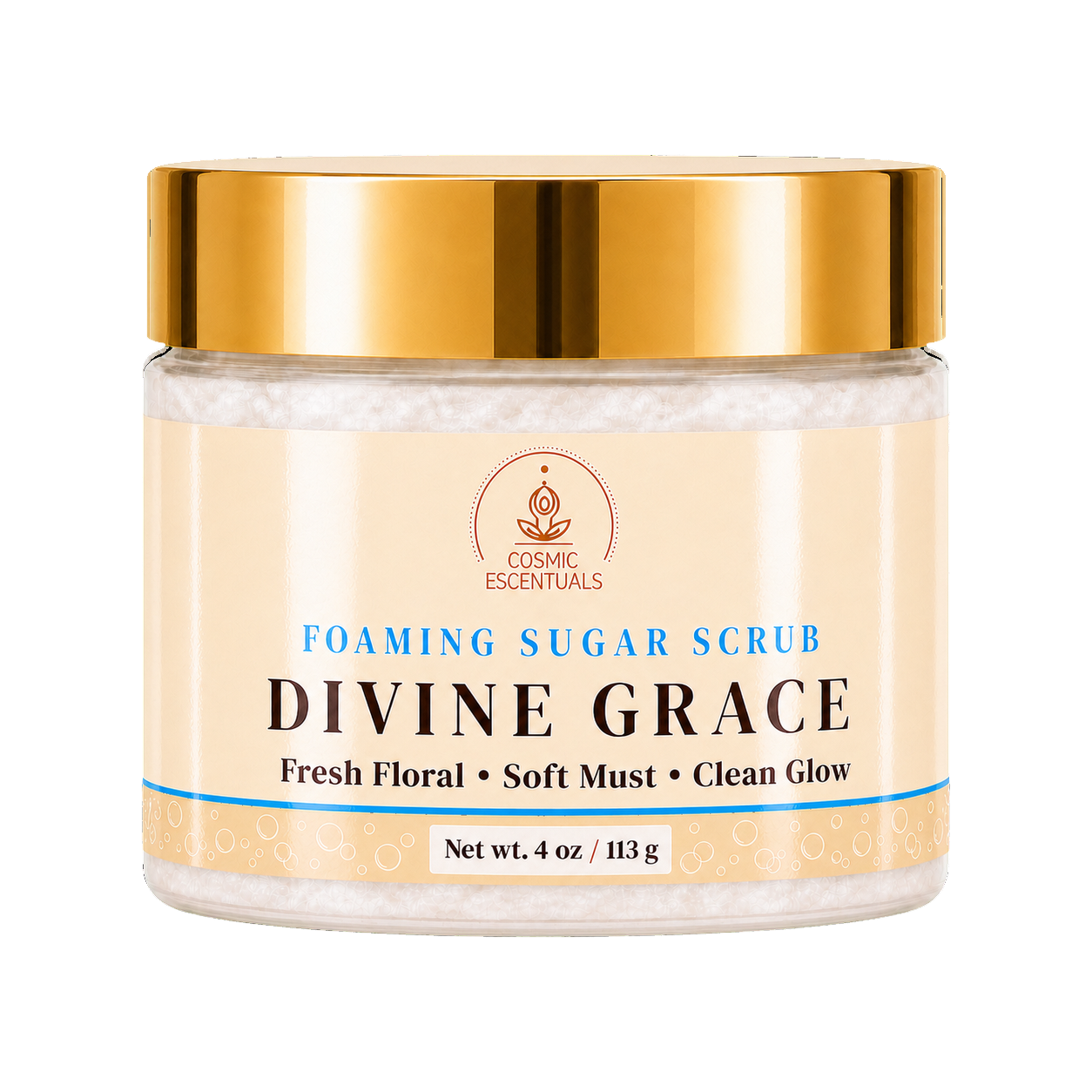 A jar of Divine Grace Foaming Sugar Scrub by Cosmic Essentials, featuring a shiny gold lid and a cream-colored label with blue and black text, set against a plain white background.