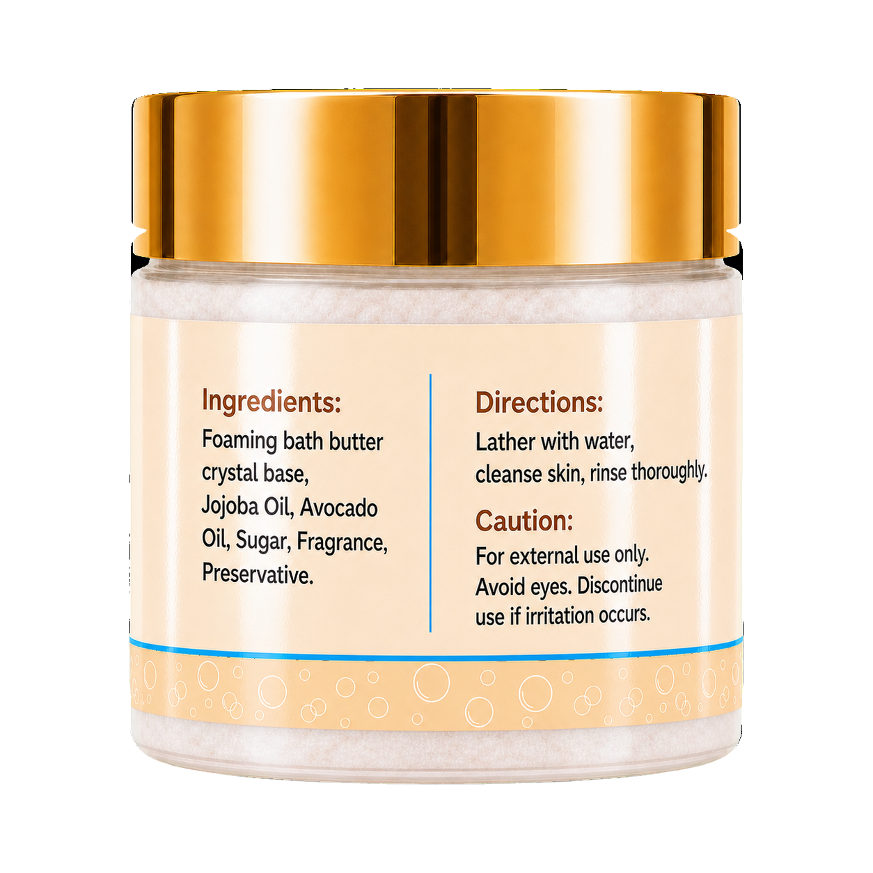 Divine Grace Foaming Sugar Scrub 8oz jar, back label showing ingredients and directions, on a plain white background.