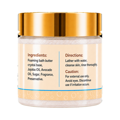 Divine Grace Foaming Sugar Scrub 8oz jar, back label showing ingredients and directions, on a plain white background.