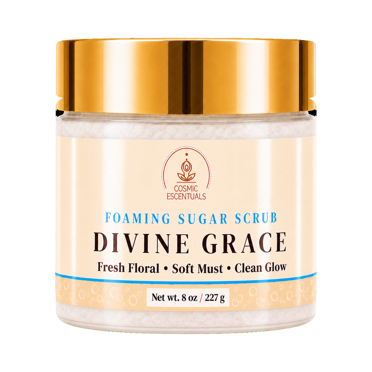 A jar of Divine Grace Foaming Sugar Scrub by Cosmic Essentials, featuring a shiny gold lid and a cream-colored label with blue and black text, set against a plain white background.