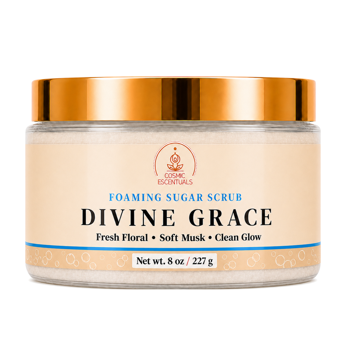 Divine Grace Foaming Sugar Scrub 8oz jar shown on its own against a plain background.