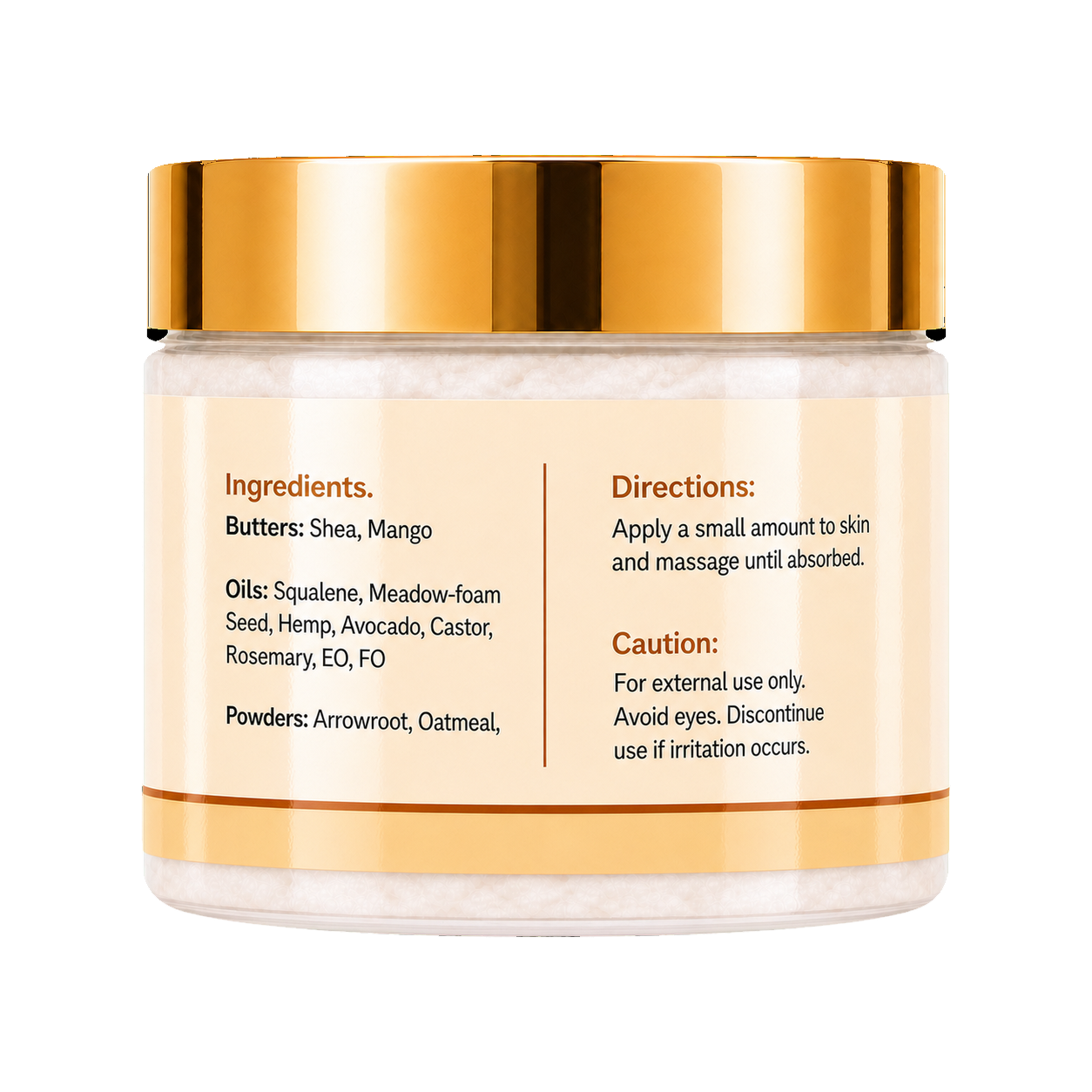 A jar of Shea & Mango body butter with a metallic gold lid and a beige label containing product ingredients and usage directions, set against a plain white background.