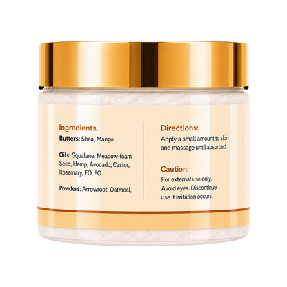 A jar of Shea & Mango body butter with a metallic gold lid and a beige label containing product ingredients and usage directions, set against a plain white background.