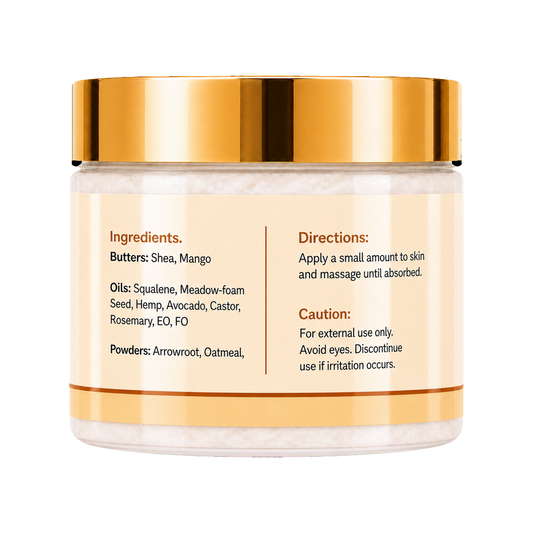 A jar of Shea & Mango body butter with a metallic gold lid and a beige label containing product ingredients and usage directions, set against a plain white background.