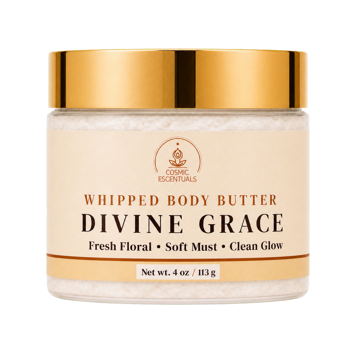 Divine Grace Whipped Body Butter 4 oz front view with semi-gloss label on transparent background