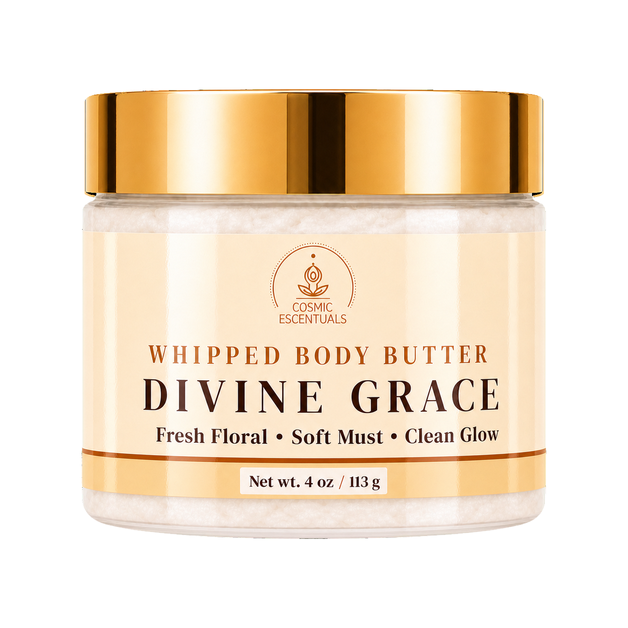 Cosmic Essentials Divine Grace Whipped Body Butter in a clear jar with a metallic gold lid and cream-colored label, set against a plain white background.