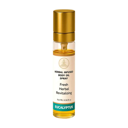 Eucalyptus herbal infused body oil spray bottle with gold cap, clear amber oil, label