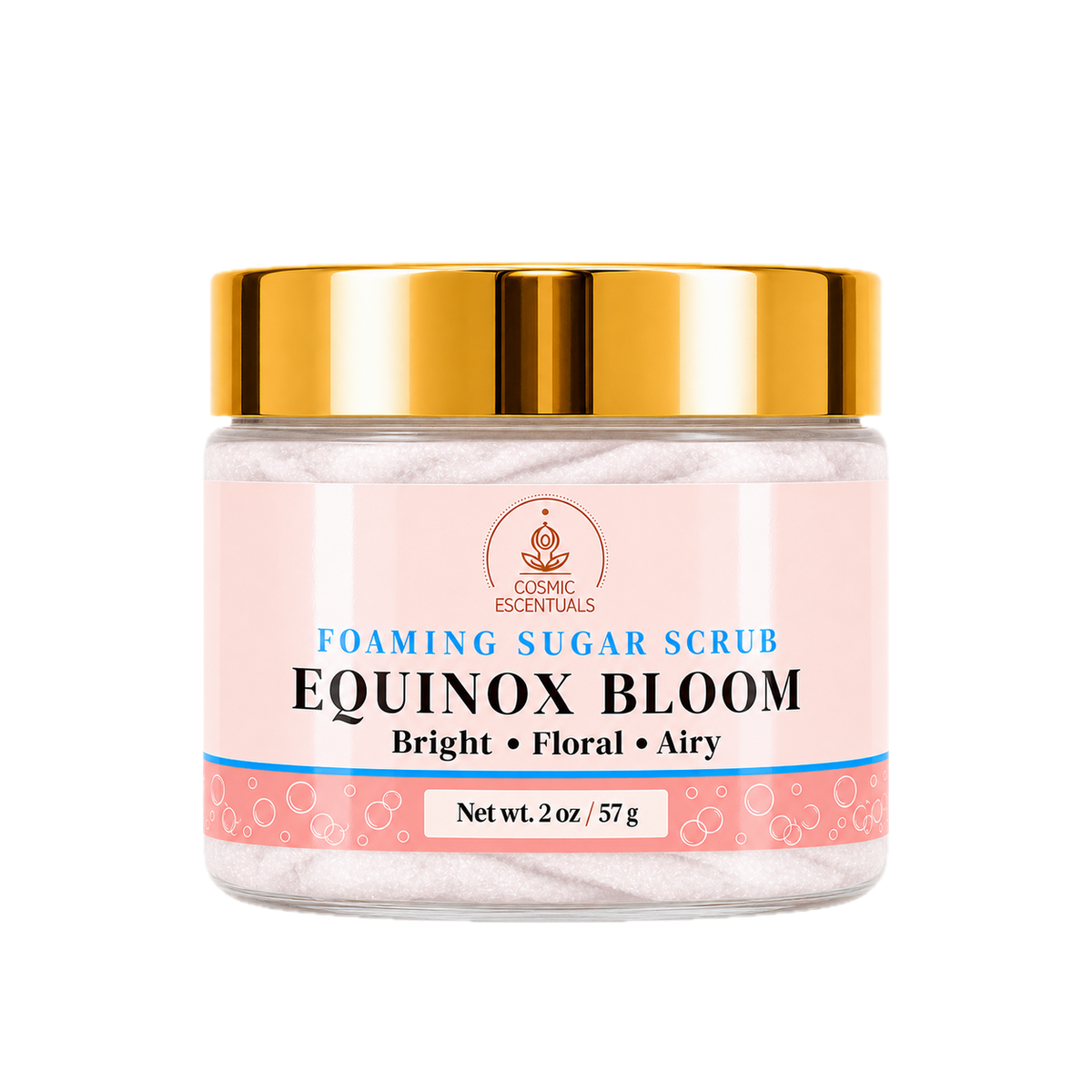Equinox Bloom Foaming Sugar Scrub 2oz jar shown on its own against a plain background.