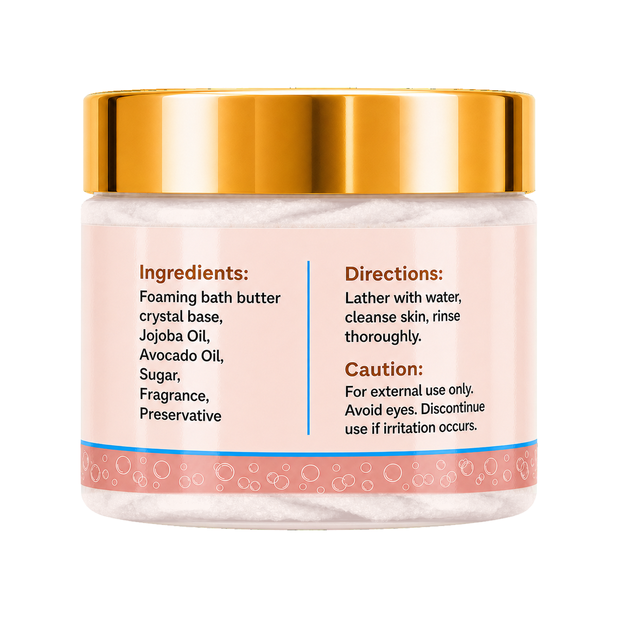 A jar of foaming bath butter with a shiny gold lid and a light pink label showing ingredients and directions, set against a plain white background.