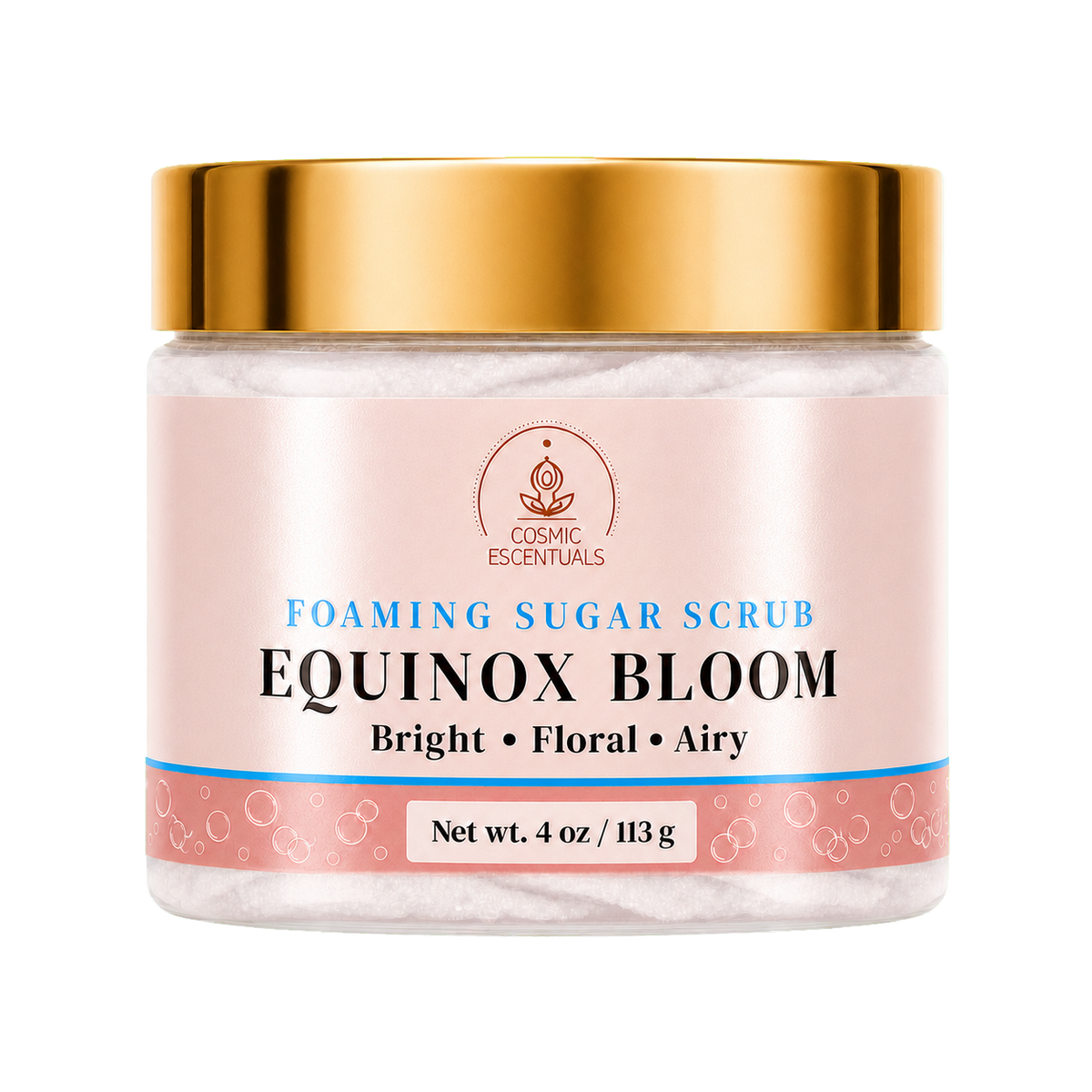 Equinox Bloom Foaming Sugar Scrub 4 oz sharp front view with satin label on transparent background