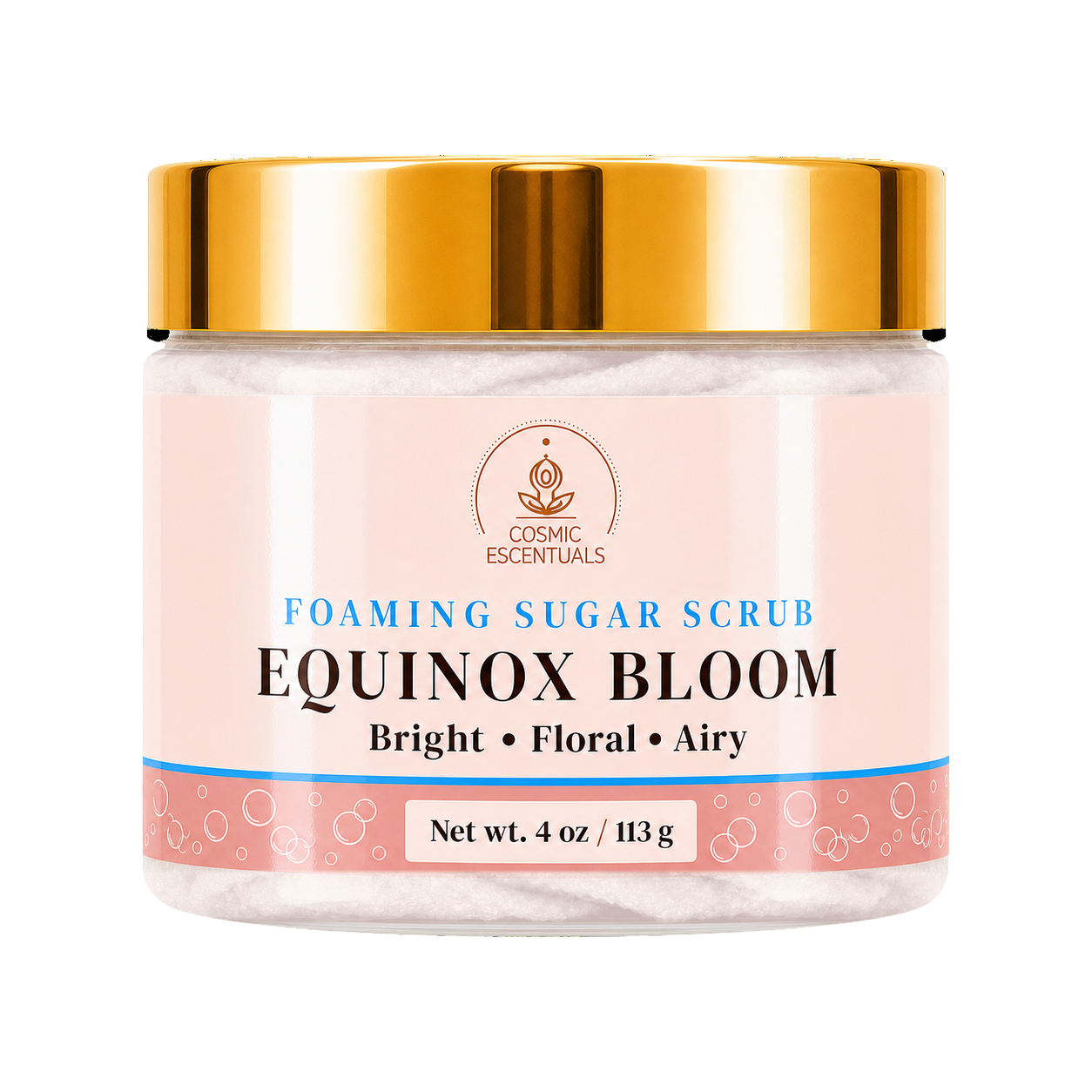 Cosmic Essentials Equinox Sugar Scrub in a clear jar with a metallic gold lid and a light pink label, set against a plain white background.