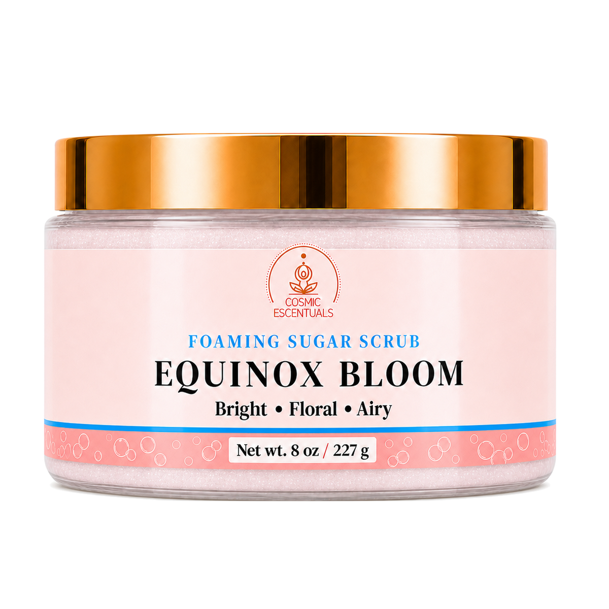 Equinox Bloom Foaming Sugar Scrub 8oz jar shown on its own against a plain background.