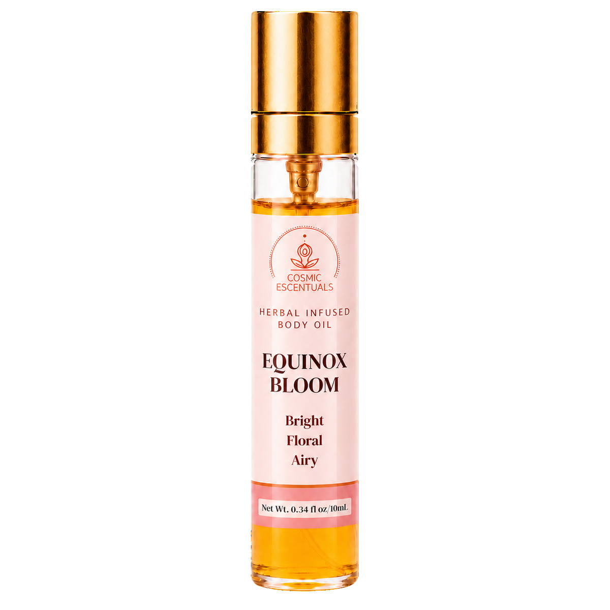 Cosmic Essentials Equinox Bloom Herbal Infused Body Oil in a clear glass roller bottle with a gold cap and a light pink label, shown on a white background.
