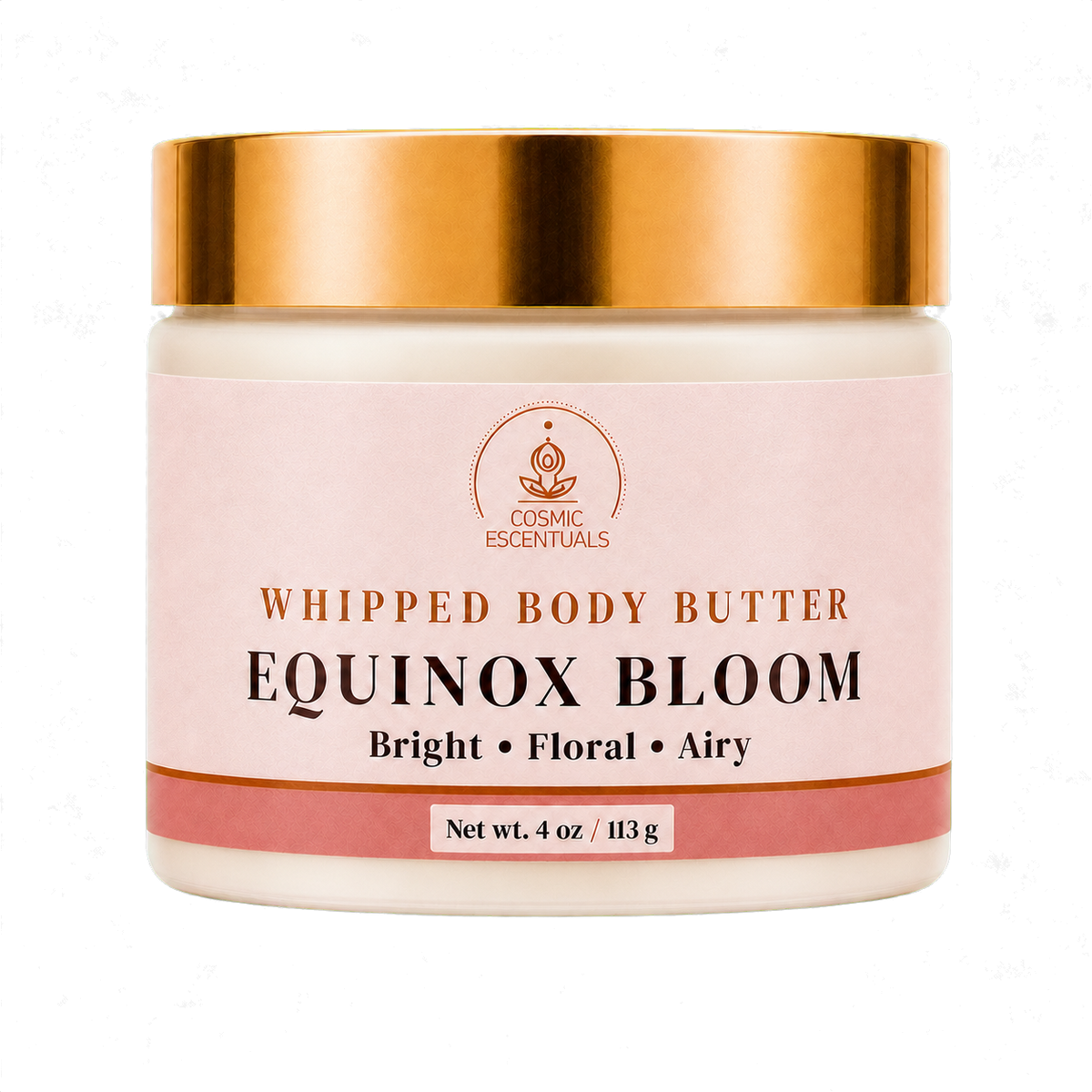 Equinox Bloom Whipped Body Butter 4 oz front view with semi-gloss label on transparent background