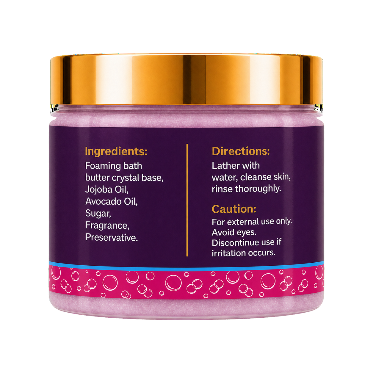 A cosmetic jar of Galactic Ego Foaming Sugar Scrub with a metallic gold lid showing ingredients and directions, set against a plain white background.