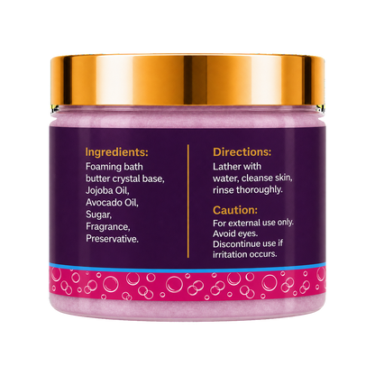 A cosmetic jar of Galactic Ego Foaming Sugar Scrub with a metallic gold lid showing ingredients and directions, set against a plain white background.