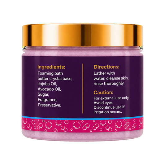 A cosmetic jar of Galactic Ego Foaming Sugar Scrub with a metallic gold lid showing ingredients and directions, set against a plain white background.