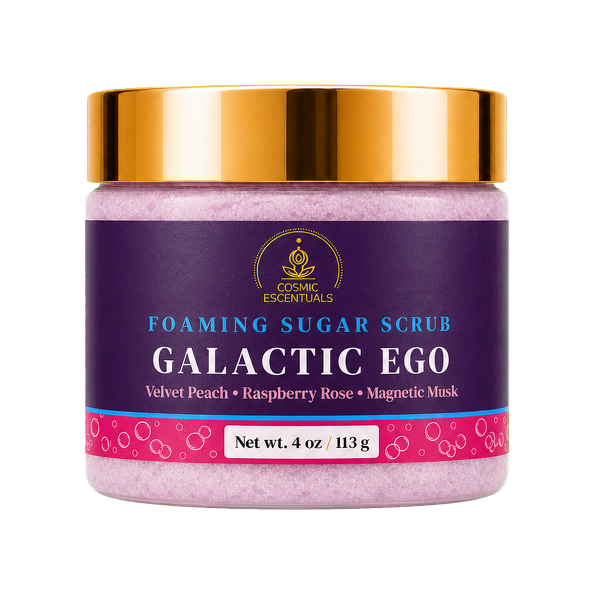 Galactic Ego foaming sugar scrub, 4 oz, semi-gloss pigment-ink front label, size matched to the original Shopify product image.