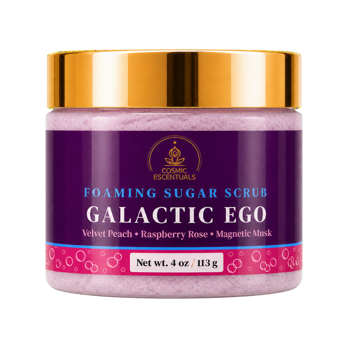 Cosmic Escentuals Foaming Sugar Scrub, Galactic Ego, 4oz jar with a shiny gold lid, shown on a plain white background.