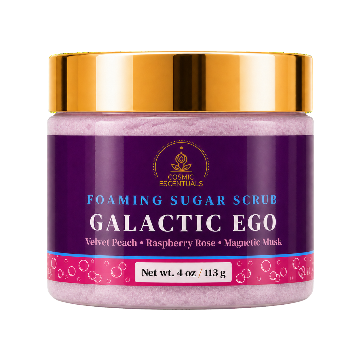 Cosmic Escentuals Foaming Sugar Scrub, Galactic Ego, 4oz jar with a shiny gold lid, shown on a plain white background.