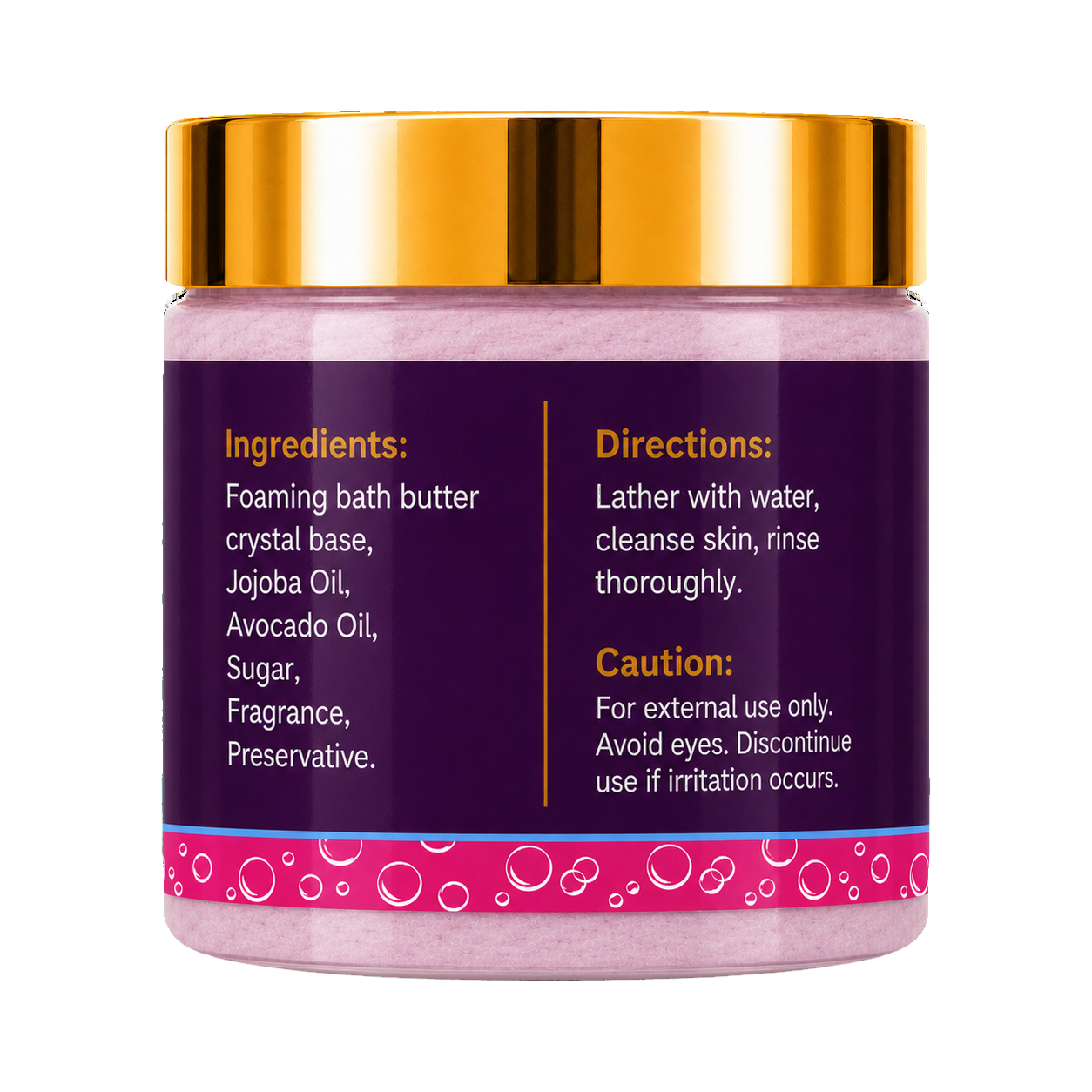A cosmetic 8oz jar of Galactic Ego Foaming Sugar Scrub with a metallic gold lid showing ingredients and directions, set against a plain white background.