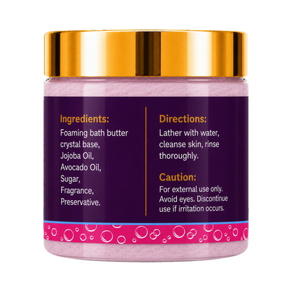 A cosmetic 8oz jar of Galactic Ego Foaming Sugar Scrub with a metallic gold lid showing ingredients and directions, set against a plain white background.