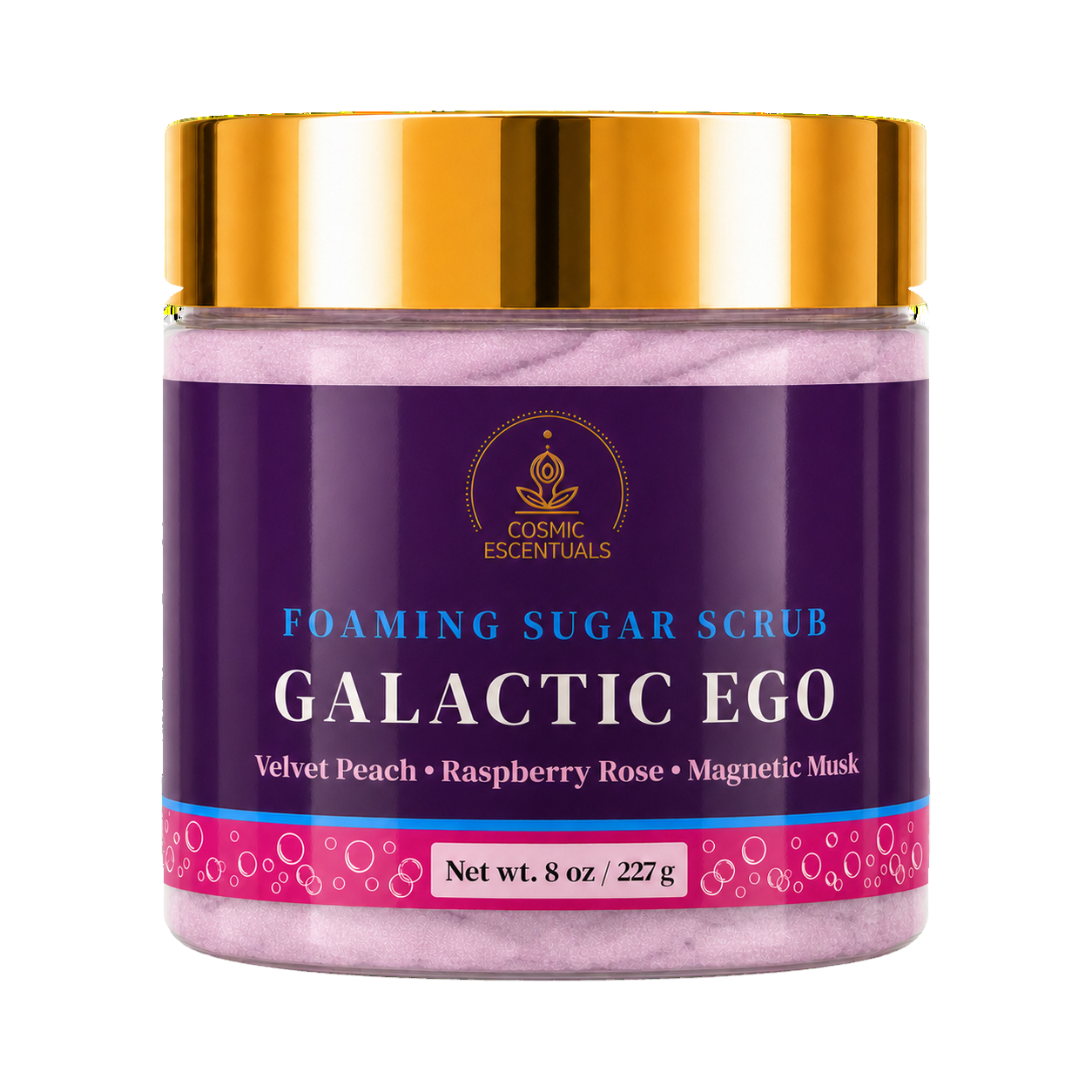 Cosmic Escentuals Foaming Sugar Scrub, Galactic Ego, 8oz jar with a shiny gold lid, shown on a plain white background.