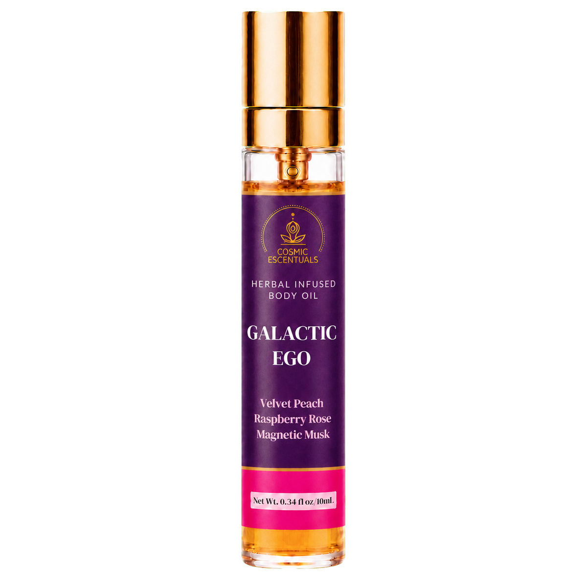 Galactic Ego herbal infused body oil spray, 0.34 fl oz, semi-gloss pigment-ink label, size matched to the original Shopify product image.