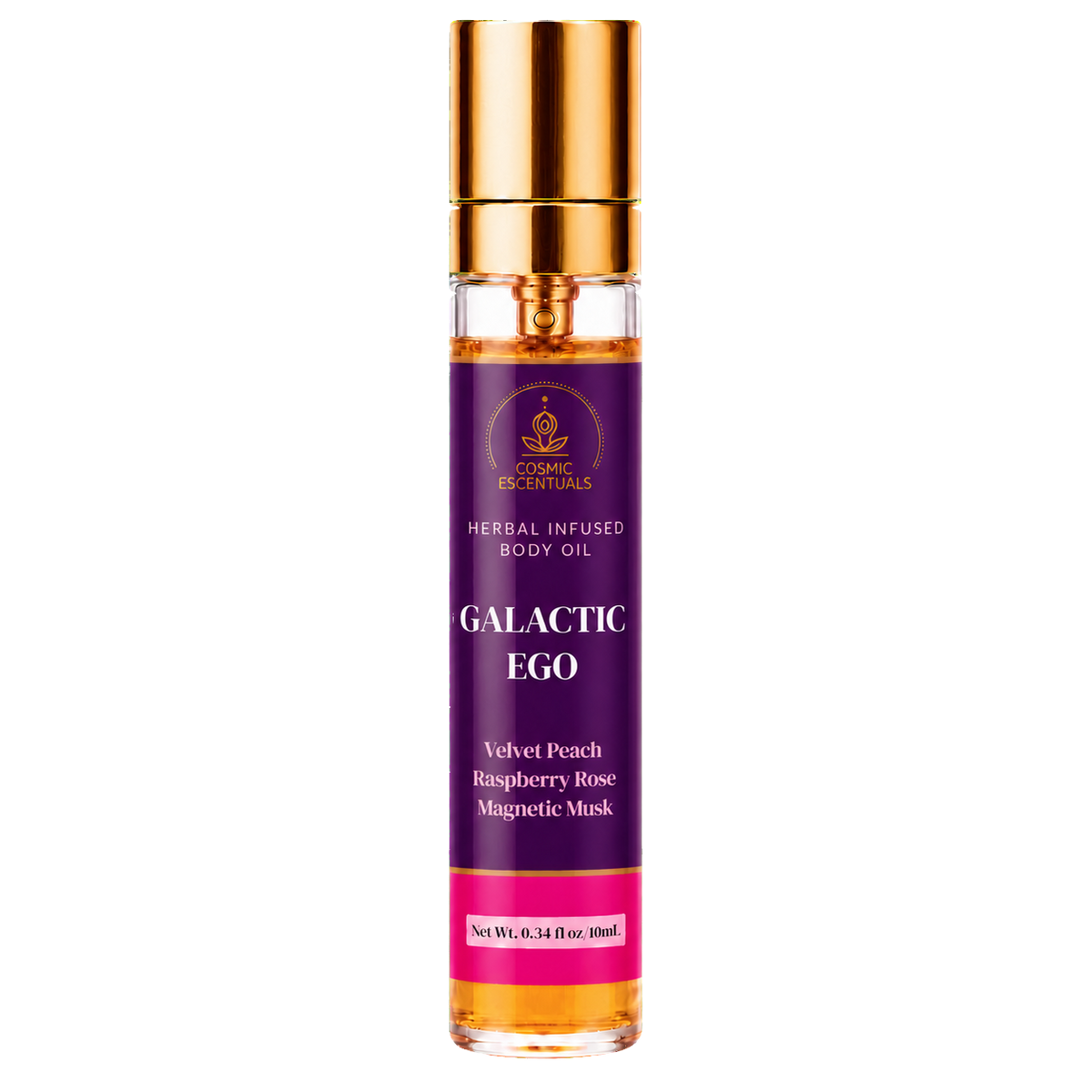 Cosmic Escentuals Herbal Infused Body Oil spray bottle, Galactic Ego, shown on a plain white background.