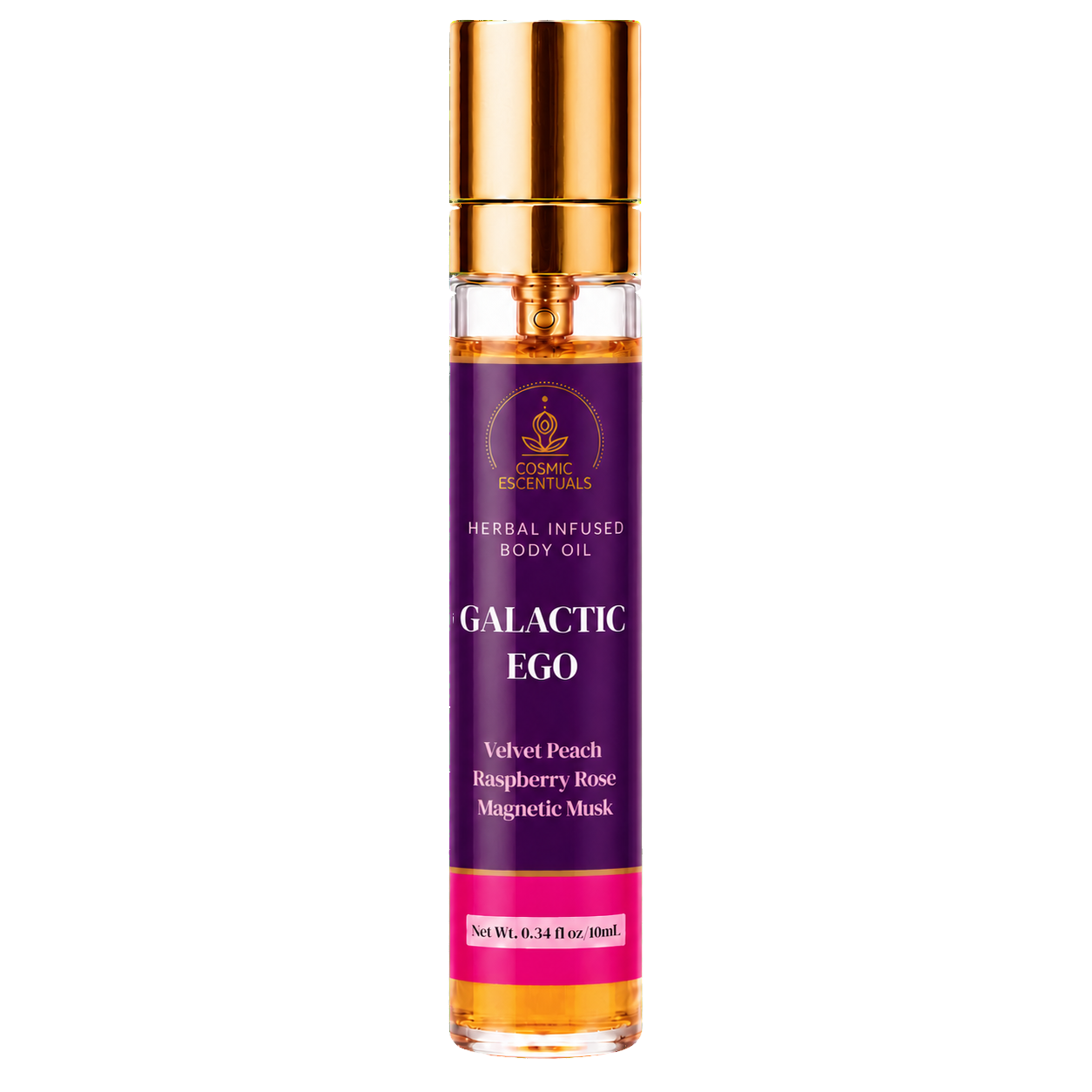Cosmic Escentuals Herbal Infused Body Oil spray bottle, Galactic Ego, shown on a plain white background.