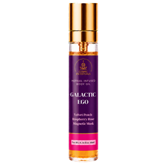 Cosmic Escentuals Herbal Infused Body Oil spray bottle, Galactic Ego, shown on a plain white background.
