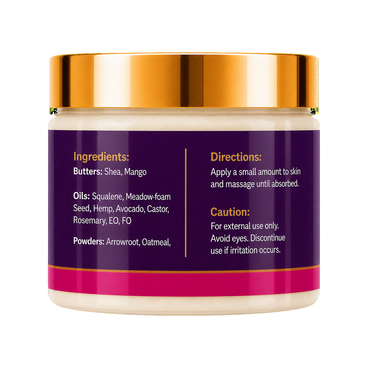 A cosmetic jar of Galactic Ego Whipped Body Butter with a metallic gold lid showing ingredients and directions, set against a plain white background.