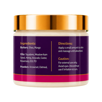 A cosmetic jar of Galactic Ego Whipped Body Butter with a metallic gold lid showing ingredients and directions, set against a plain white background.