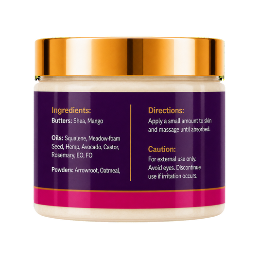 A cosmetic jar of Galactic Ego Whipped Body Butter with a metallic gold lid showing ingredients and directions, set against a plain white background.