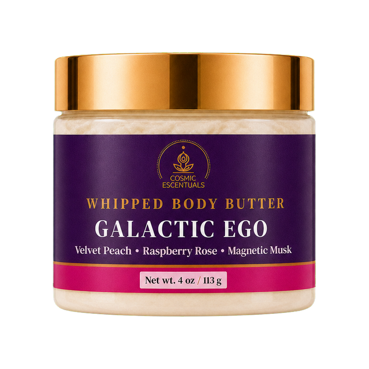 Galactic Ego whipped body butter, 4 oz, semi-gloss pigment-ink front label, size matched to the original Shopify product image.